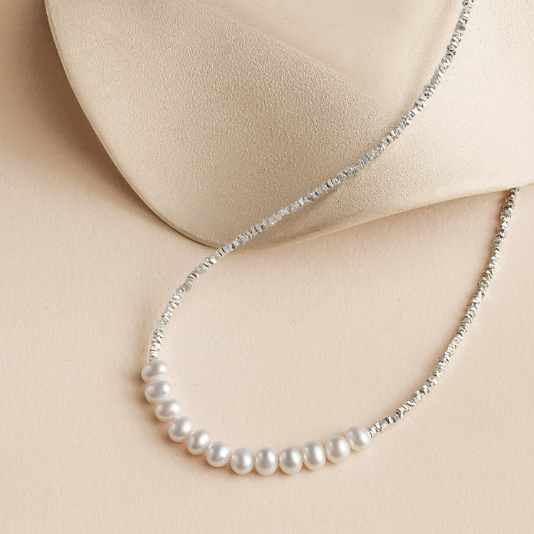 Crushed Silver Crafted Freshwater Pearl S925 Sterling Silver Elegant Necklace