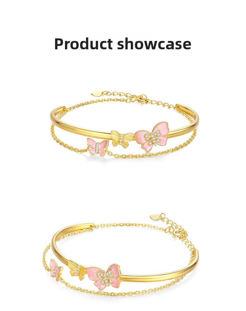 Butterfly Enamel Sterling Silver Exquisite Luxury Double-Layer Open Adjustable Bracelet
