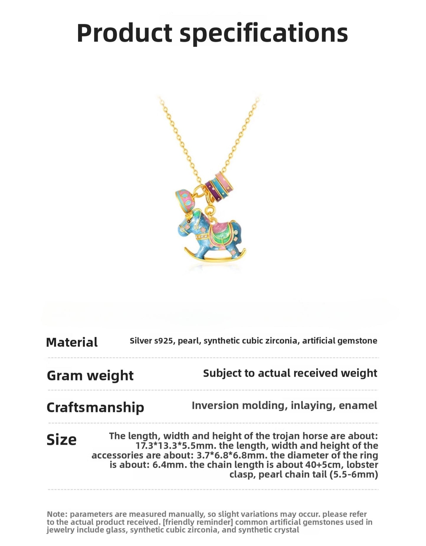 Colorful Rocking Horse Pendant Stylish and Adorable Sterling Silver S925 Necklace