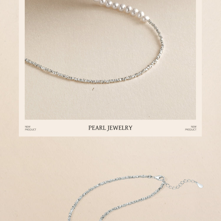 Crushed Silver Crafted Freshwater Pearl S925 Sterling Silver Elegant Necklace