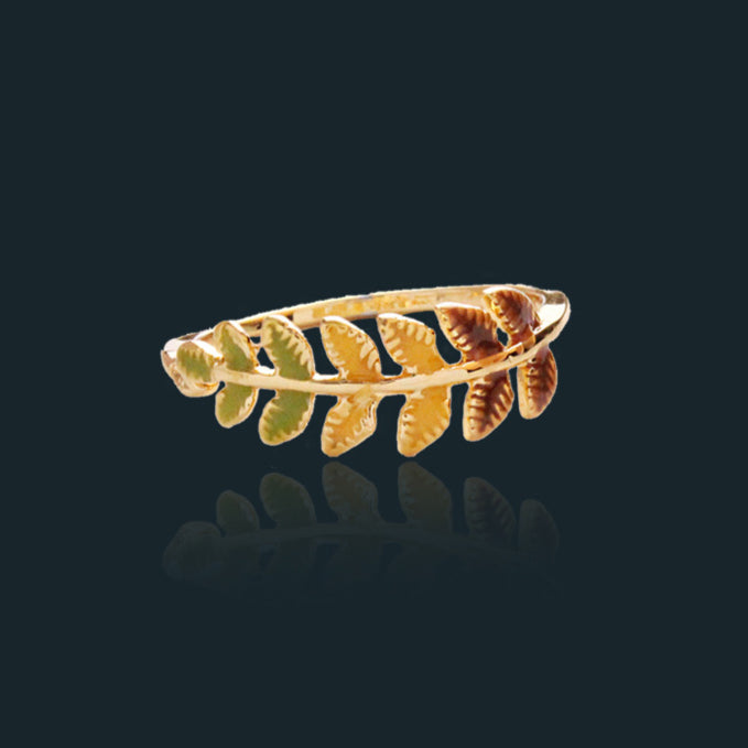 Enchanted Forest Vintage 18K Gold-Plated Enamel Leaf Ring
