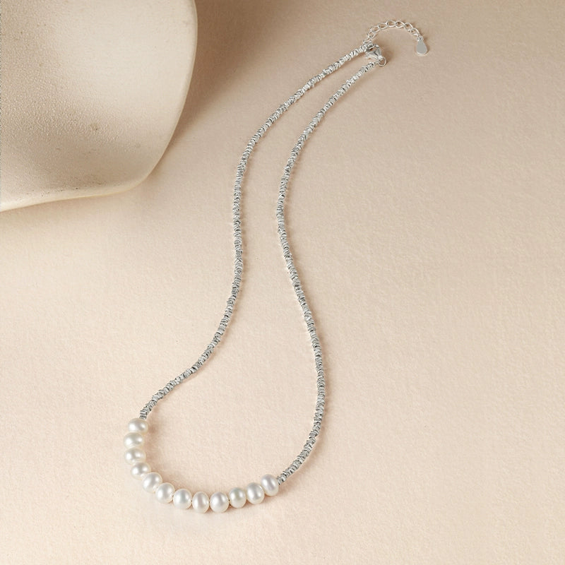 Crushed Silver Crafted Freshwater Pearl S925 Sterling Silver Elegant Necklace