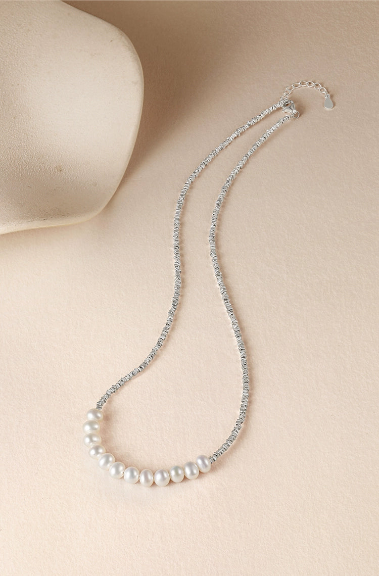 Crushed Silver Crafted Freshwater Pearl S925 Sterling Silver Elegant Necklace