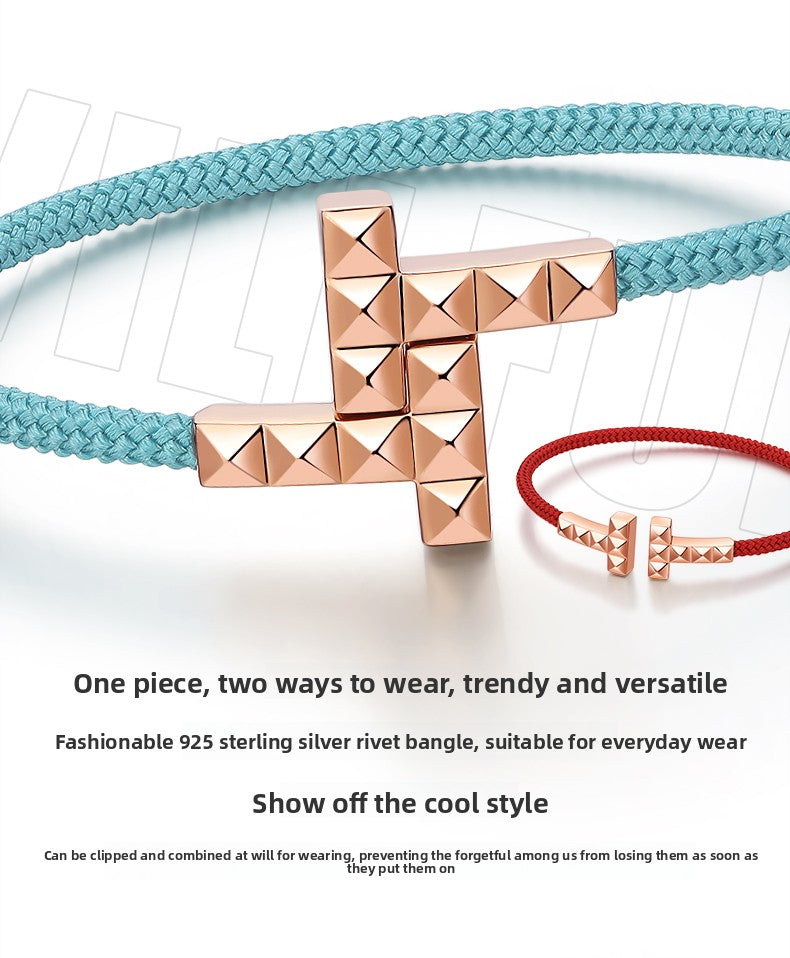 "Small Willful" S925 Silver Couple T-Shaped Design with Red & Blue String Bracelet