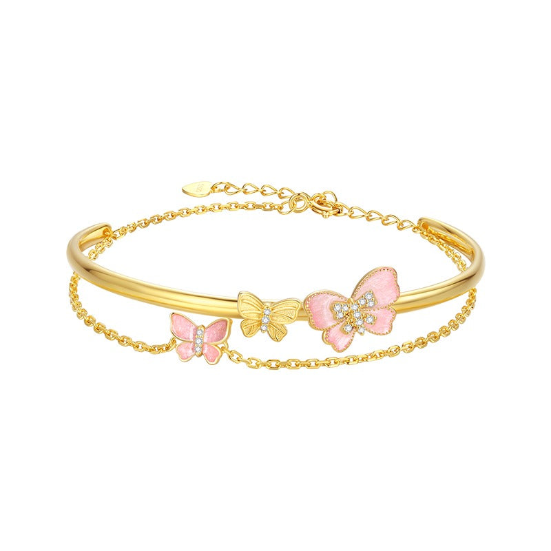 Butterfly Enamel Sterling Silver Exquisite Luxury Double-Layer Open Adjustable Bracelet