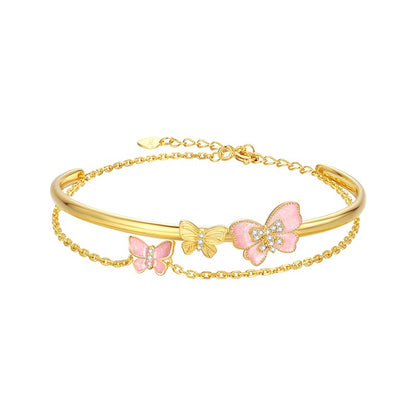 Butterfly Enamel Sterling Silver Exquisite Luxury Double-Layer Open Adjustable Bracelet