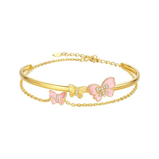 Butterfly Enamel Sterling Silver Exquisite Luxury Double-Layer Open Adjustable Bracelet
