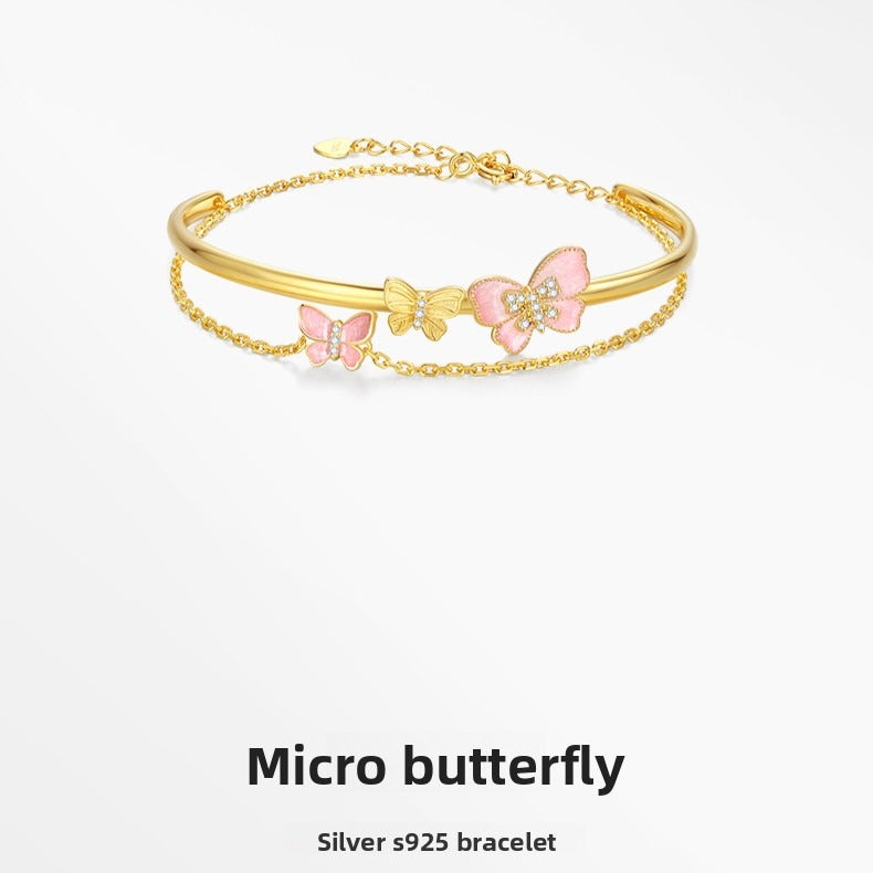 Butterfly Enamel Sterling Silver Exquisite Luxury Double-Layer Open Adjustable Bracelet