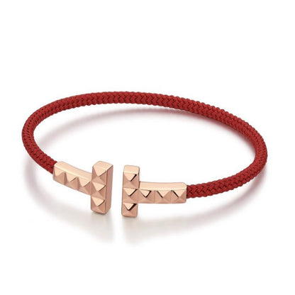 "Small Willful" S925 Silver Couple T-Shaped Design with Red & Blue String Bracelet