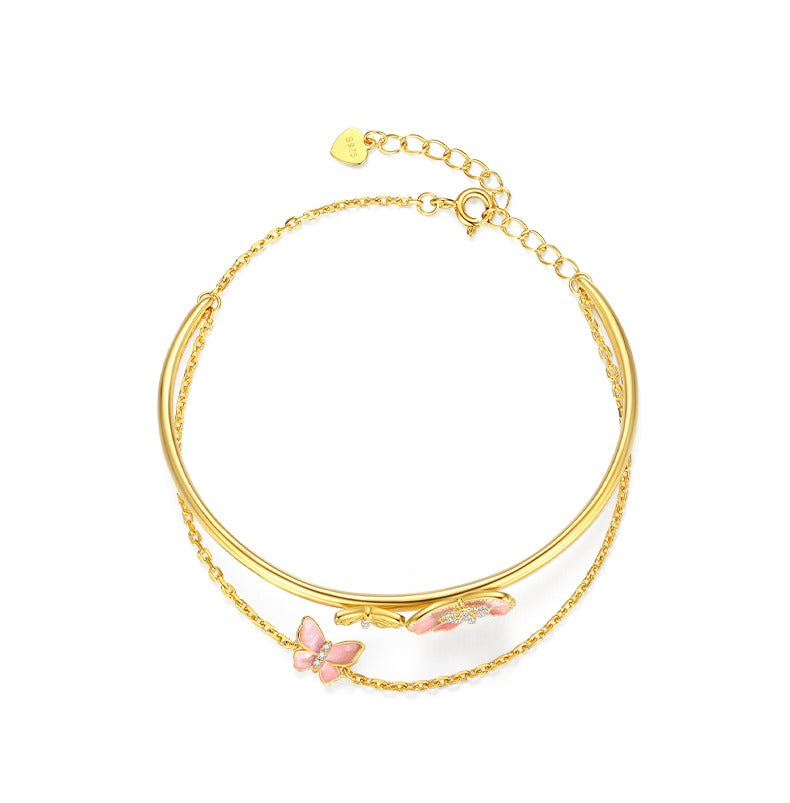 Butterfly Enamel Sterling Silver Exquisite Luxury Double-Layer Open Adjustable Bracelet