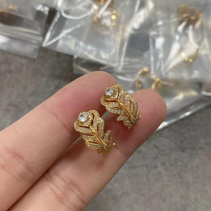 Full-Diamond Peacock Feather 18K Rose Gold Leaf Earrings Luxurious Stud Earring