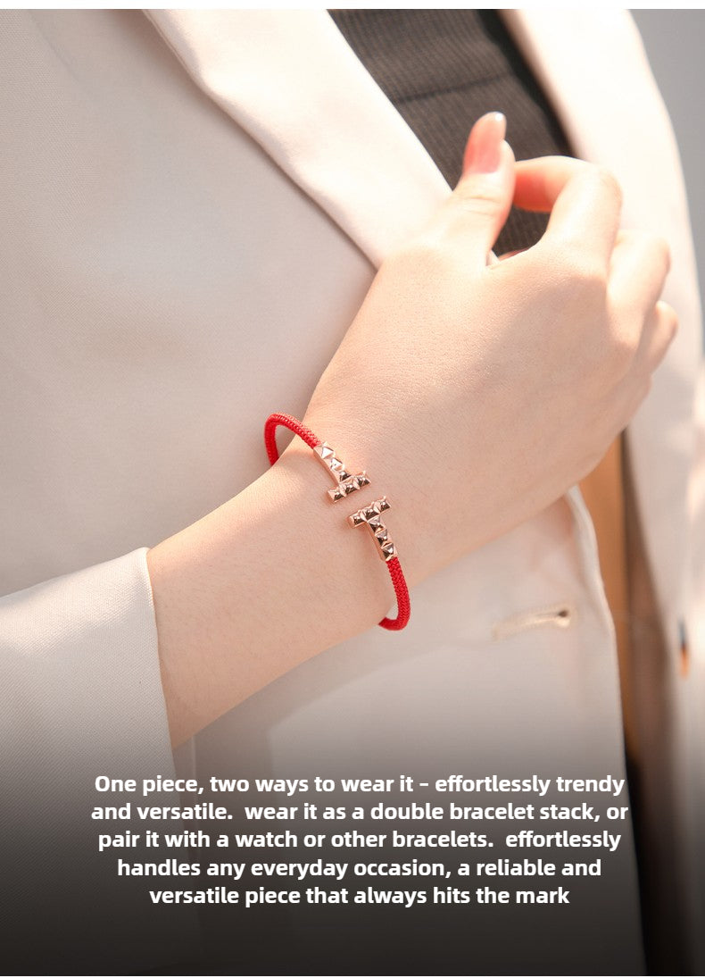 "Small Willful" S925 Silver Couple T-Shaped Design with Red & Blue String Bracelet