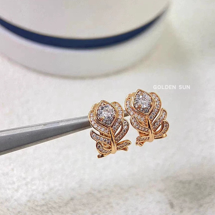 Full-Diamond Peacock Feather 18K Rose Gold Leaf Earrings Luxurious Stud Earring