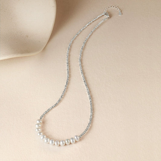 Crushed Silver Crafted Freshwater Pearl S925 Sterling Silver Elegant Necklace