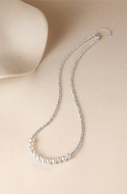 Crushed Silver Crafted Freshwater Pearl S925 Sterling Silver Elegant Necklace
