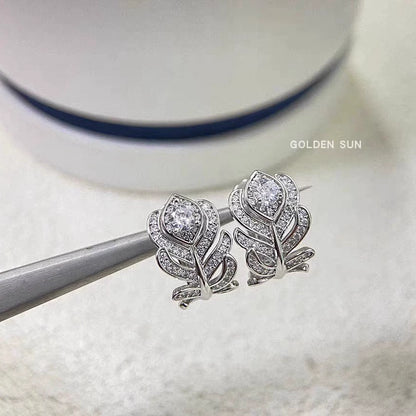 Full-Diamond Peacock Feather 18K Rose Gold Leaf Earrings Luxurious Stud Earring