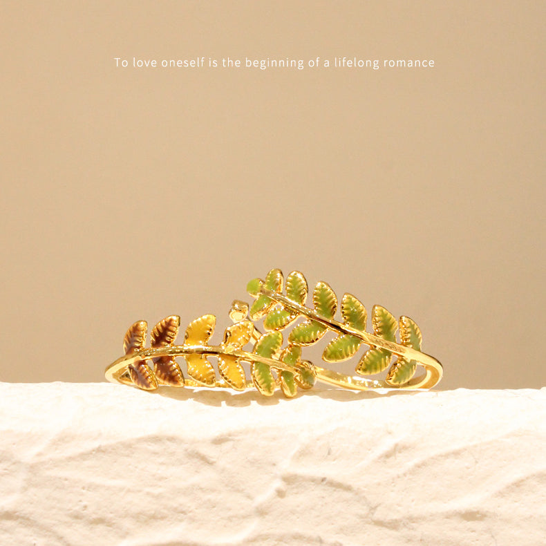 Enchanted Forest Vintage 18K Gold-Plated Enamel Leaf Ring