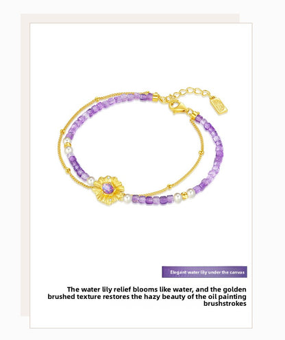 DC Dreamy Water Lily Amethyst Sterling Silver 925 French Elegance Bracelet